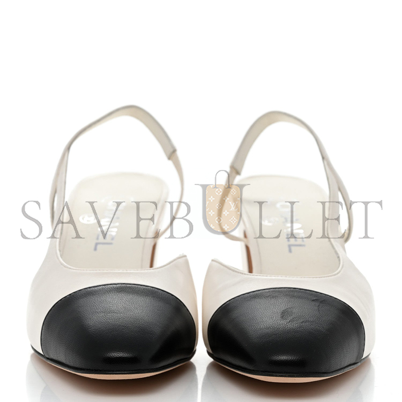 Ch**el lambskin cap toe cc slingback pumps white black